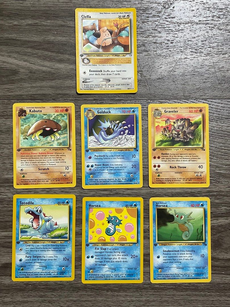 VINTAGE - Cleffa, Kabuto, Golduck, Graveler, Totodile, Horsea - Fossil 1st Edition / Neo Genesis 1st Edition, Hobbies & Toys, Toys & Games on Carousell VINTAGE - Cleffa, Kabuto, Golduck, Graveler, Totodile, Horsea - Fossil 1st Edition / Neo Genesis 1st Edition, Hobbies & Toys, Toys & Games on Carousell