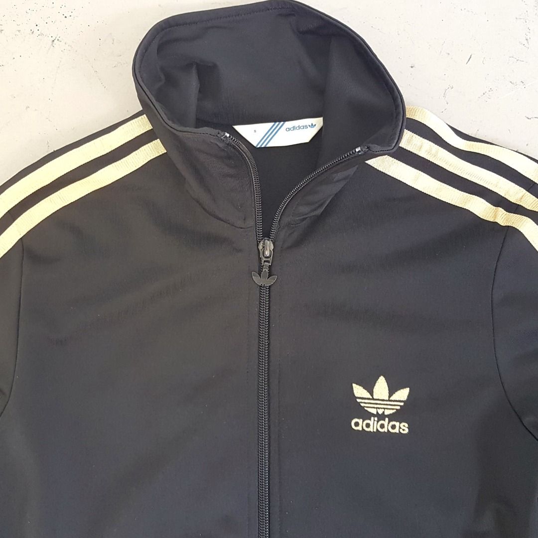 Vintage Adidas Black Designer Jacket, High Collar, Gold Stripes