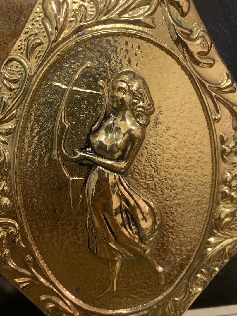Vintage Diamond Shaped Repousse Women Brass Tone Wall Plaques Elpec Made in England