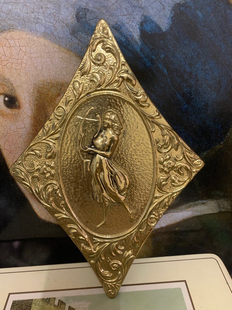Vintage Diamond Shaped Repousse Women Brass Tone Wall Plaques Elpec Made in England