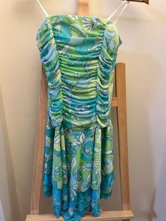 Y2k vintage city triangles blue and green paisley floral tube ruffle asymmetrical dress