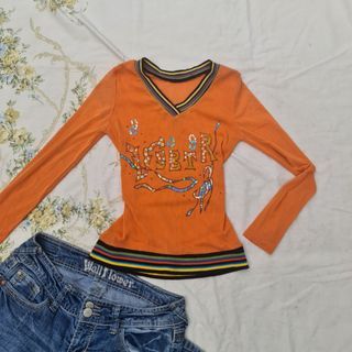 y2k colorful orange mesh sequin top