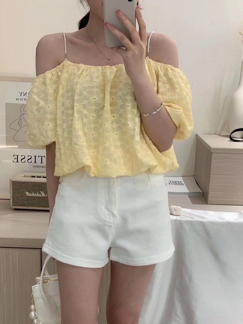 Yellow off-shoulder top in pearl strap (Category: Blouses) located in Pasay City. Submitted by eilalim (Listing ID 1303309742, Image 1). Description: Fits xs to medium frame.
