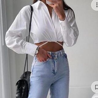 ZARA Cropped Solid White Long Sleeve Top Ties Size M