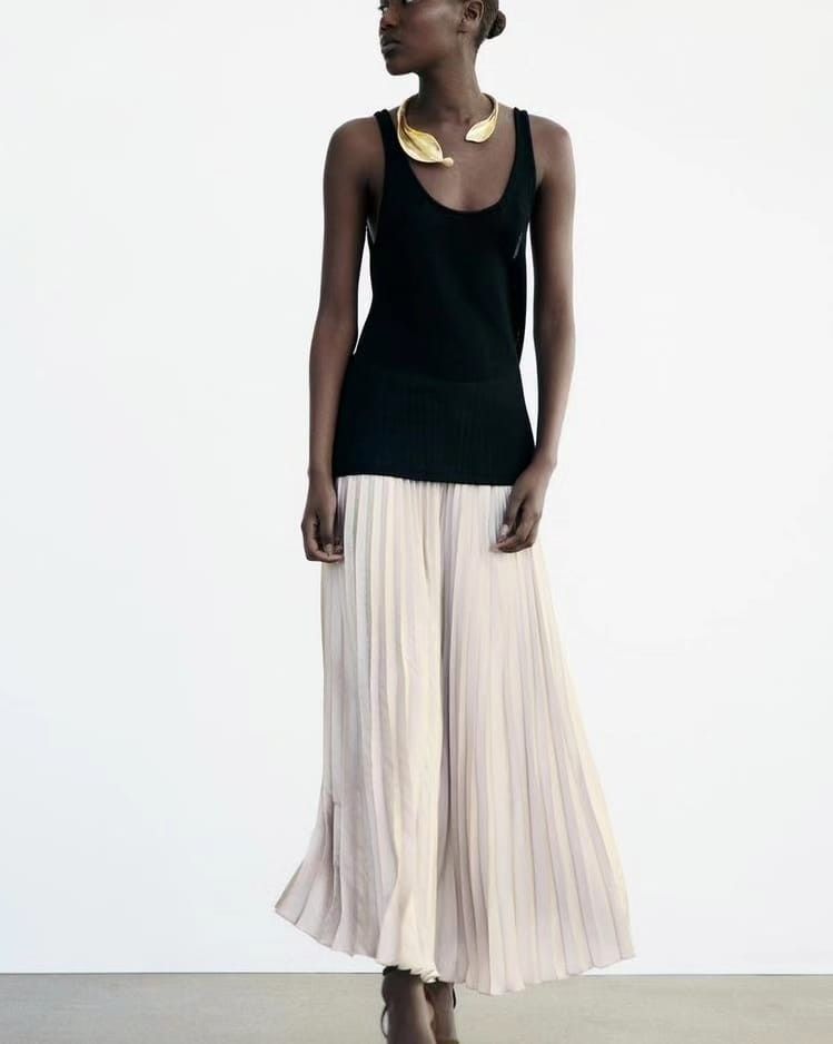 ZARA Pleated Satin Finish Skirt Cava Colour