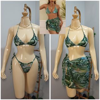 3n1 Swimwear Padded Triangle Top & Self Tie Bikini & Beach Cover up (Small to Medium) Two Piece Swimsuit Green Marble Print  3pc