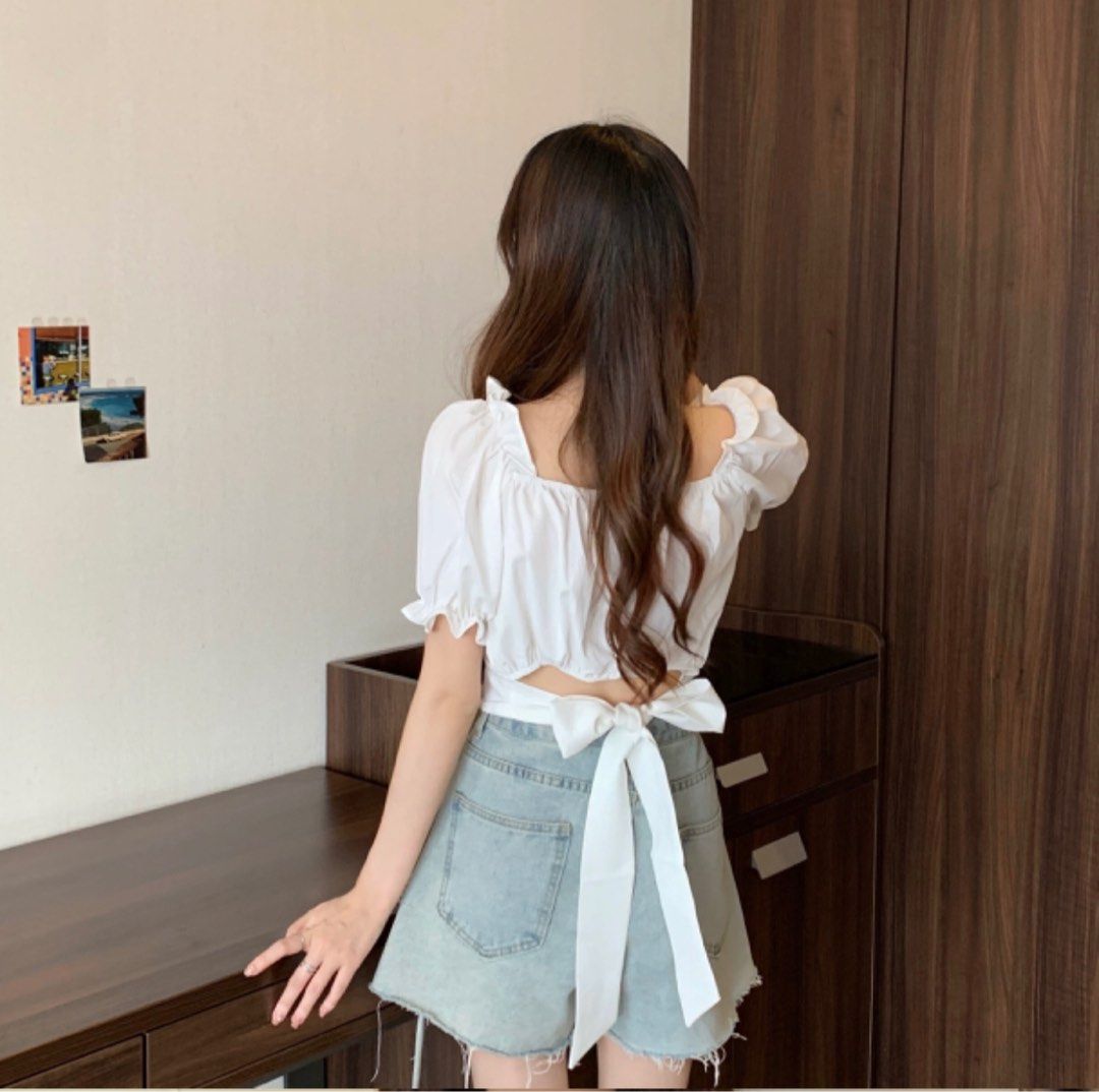 Barbie pink frill trim puff sleeve crop tie back dressy blouse cute ribbon bow party weekends summer chic Women s Fashion Tops Blouses on Carousell