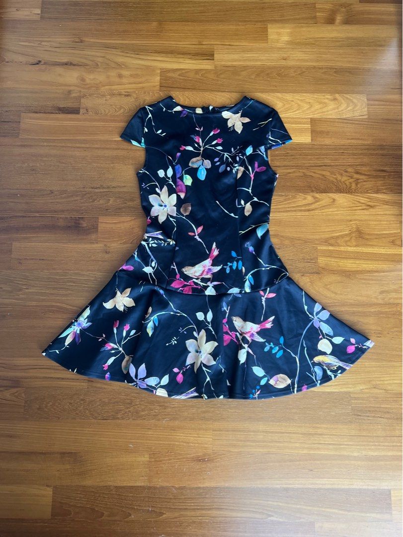 CLUB L Cap Sleeve Ruffle Flare Hem Dress in Black Floral Bird Print UK 10 Women s Fashion Dresses Sets Dresses on Carousell