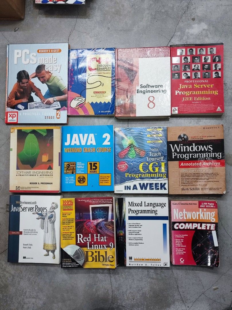 Computer , IT , Software , Programming Books (Category: Textbooks) located in Cheras. Submitted by artemis_books (Listing ID 1303457786, Image 1). Description: 1) PCs Made Easy : A Practical Course Stage 2 - Reader's Digest / 2004 / Hardback/ RM 12 2) C++ Through Examples : Includes Object-Oriented Programming - P. Sellappan / 1997 / RM 8 3) Software Engineering 8 - Sommerville / 2007 / Hardback / RM 20 4) Professional Java Server Programming J2E