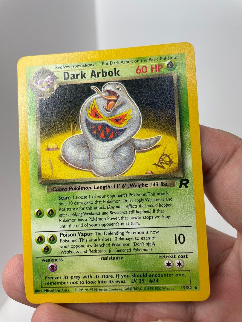 1995 dark arbok pokemon card value Can we all appreciate the error card. My bad had to edit my post cause it wasn't anywhere in 1996 or 1997. Had it since my oldest was small. MY the Defending Pokmon is now Asleep and Poisoned Dark Arbok Holo Shift Error