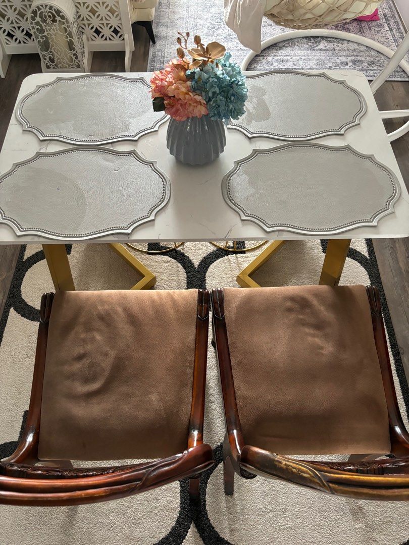Dining Table Set (Category: Tables & Sets) located in Singapore. Submitted by pinkxbluebow (Listing ID 1303437320, Image 2). Description: (Like new) Marble top table (1m) includes 2 chairs and 2 stools.(well used).