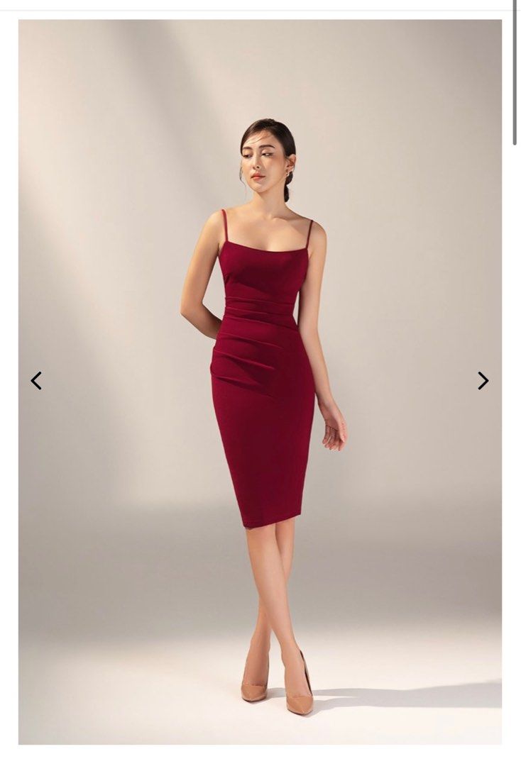 ELLERY PADDED TWIST BACK RUCHED DRESS IN WINE RED