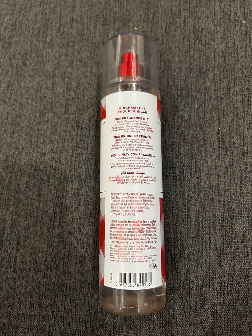 Gingham Love by Bath & Body Works BBW - 236mL (Category: Fragrance & Deodorants) located in Dasmarinas. Submitted by phia.aesi (Listing ID 1303506855, Image 2). Description: “What it smells like: love at first sight—sweet, warm, happy and playfully romantic.” ✨ HARD TO FIND ITEM ✨ Fragrance type: Floral, fruity & gourmand Notes: Red berries, rose, meringue, freesia & sugar Capacity: 236mL Condition: Still ~85-90% full. Purchased from: Dubai Origi