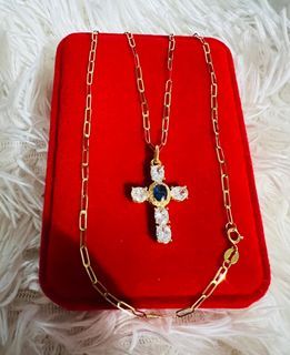 K18 Blue Sapphire Moissanite Cross in gold hardware Necklace