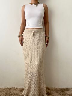 Nude crochet bias cut maxi skirt