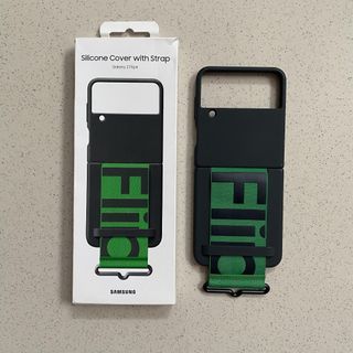 original Samsung Z Flip 4 silicone cover with strap black green