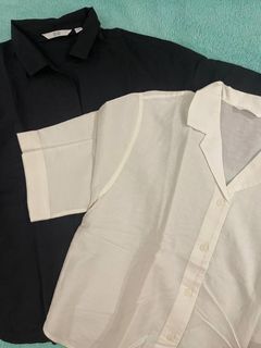 Original Uniqlo Black and White Linen Blend Open Collar Short Sleeve Shirt