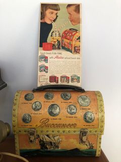 Rare Vintage 1957 Aladdin BUCCANEER Metal Dome Lunch Box with Thermos Pirate Coins with Print Ad
