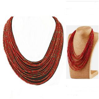 Red and Gold Microbeads / Seed Beads 30 Layer Necklace