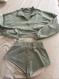 Sage Green Quarterzip Shorts Coords Set Hoodie Crop Top High Waist