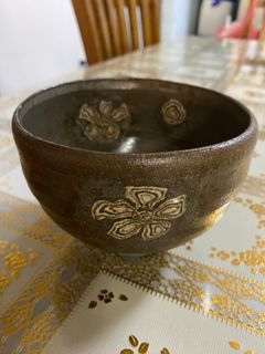 Footed Stoneware Bowl with Flower design