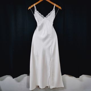 White Silk Satin Nightdress with Split