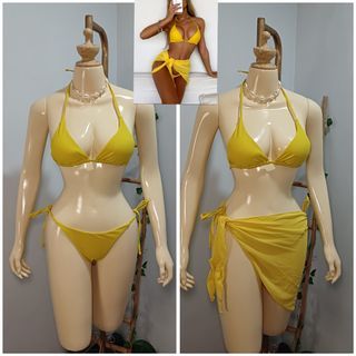 Yellow 3in1 Swimwear Two Piece Padded Triangle Bra Top & Self tie Bikini & Beach Cover up (S to M) Sexy Swimsuit 3pc
