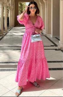 Zara eyelet pink puff maxi dress