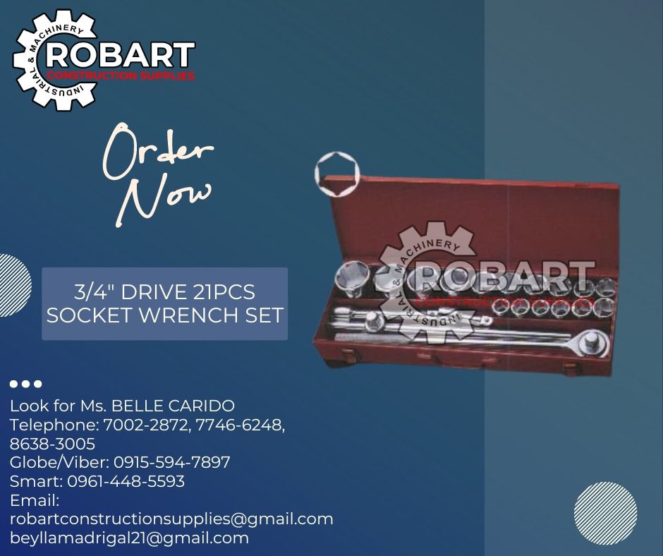 3/4" Drive 21pcs Socket Wrench Set (Category: Construction Tools & Equipment) located in Manila. Submitted by bellarobart (Listing ID 1303617450, Image 1). Description: 3/4" DRIVE 21PCS SOCKET WRENCH SET 19-50mm 1PC RATCHET HANDLE 20", 1PC SLIDE T HANDLE, 2PCS EXTENSION BAR 4" & 8", 1PC METAL CASE 16PCS SOCKET WRENCH 19,21,22,23,24,26, 27, 29, 30, 32,35,36,38,41,46,50MM 𝑹𝑶𝑩𝑨𝑹𝑻 𝑪𝑶𝑵𝑺𝑻𝑹𝑼𝑪𝑻𝑰𝑶𝑵 𝑺𝑼𝑷𝑷𝑳𝑰𝑬𝑺 #RobartConstructionSup