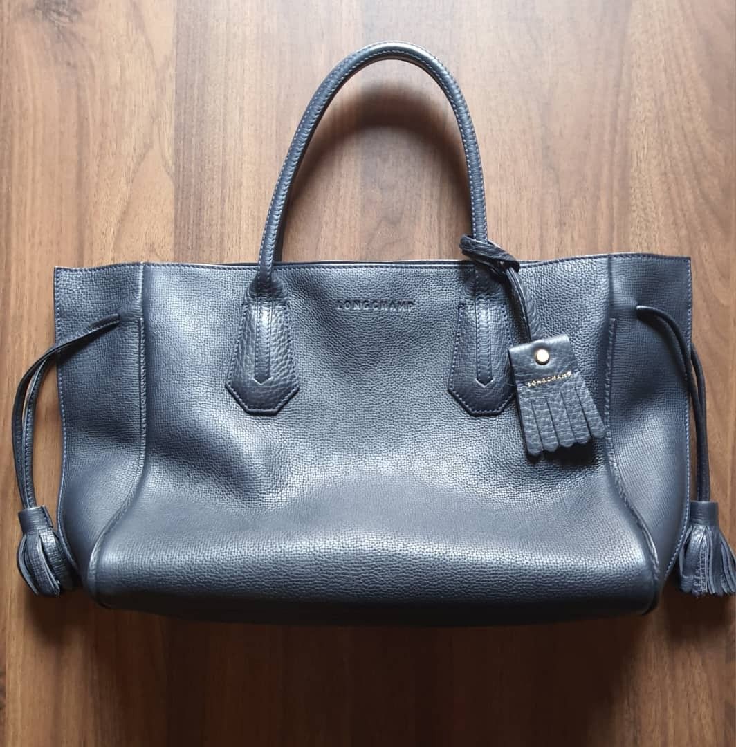 Authentic LONGCHAMP Penelope Medium Tote Genuine Leather Navy Handbag