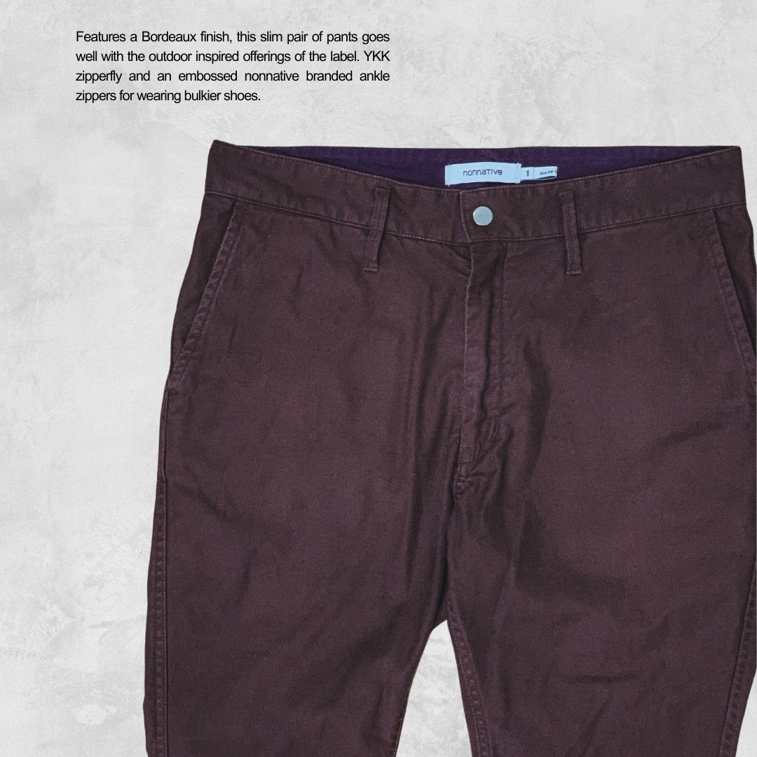 AW19 Nonnative Explorer Pants Bordeaux (Category: Trousers) located in Quezon City. Submitted by soourceph (Listing ID 1303635064, Image 2). Description: Exploring 80s film culture. Nonnative aims to recreate the uniform of side-character. Of programmers and digital nomads alike that helped these stories grow. Features a Bordeaux finish, this slim pair of pants goes well with the outdoor inspired offerings of the label. YKK zipperfly and an embos