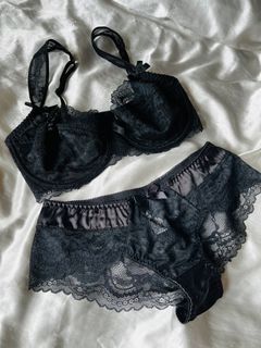 BrandNew 32F or 70F on tag but fit to 32C D Lingerie Set Bra and Panty in Black Lace See Through
