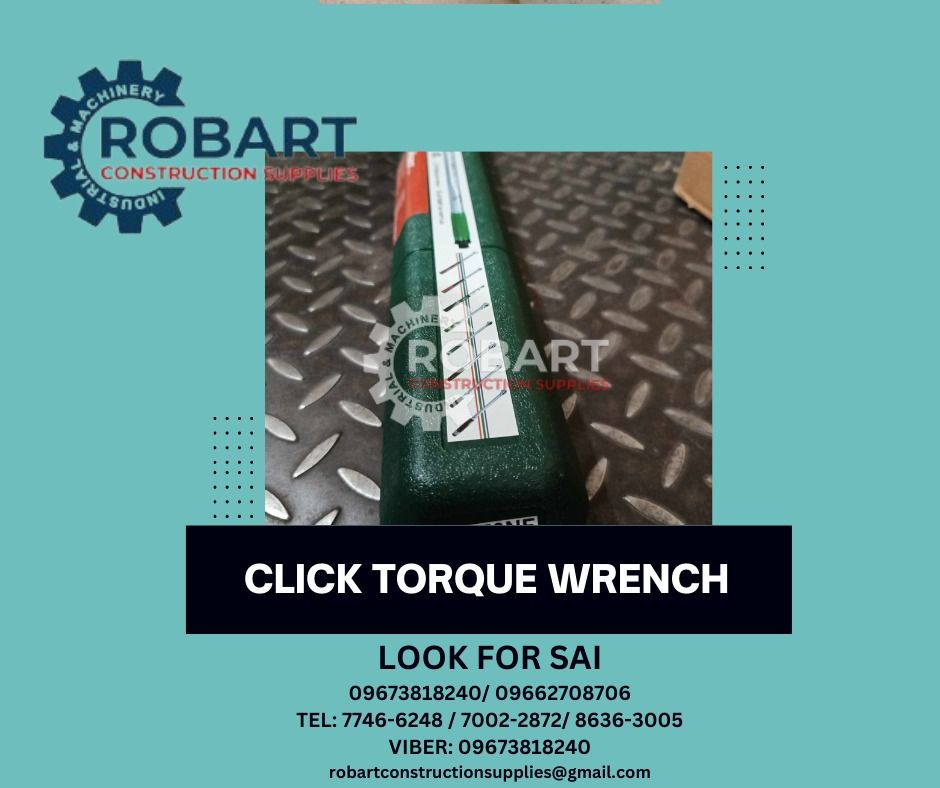 Click Torque Wrench (Category: Construction Tools & Equipment) located in Manila. Submitted by robartehm (Listing ID 1303650363, Image 1). Description: Click Torque Wrench 4170NF 1/2" Drive x 30-150ft lbs. 18" Calibrated ROBART CONSTRUCTION SUPPLIES For inquiries: For FAST TRANSACTION: Sai Robart - 09673818240 / 09662708706 Vbr: Robart Sai - 09673818240 sairobart3@gmail. com Office Address: 1405 Yuseco St. Sta. Cruz Manila 7746-6248, 7216-7605 ,7