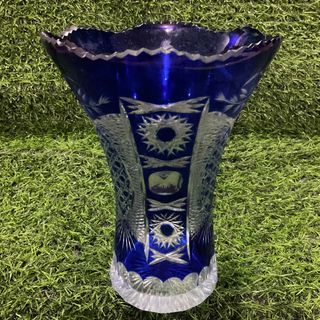Crystal Edo Kiriko Bohemian Art Glass Cobalt Blue Flared Vase with Flaw as posted 8.25” x 6” inches - P999.00