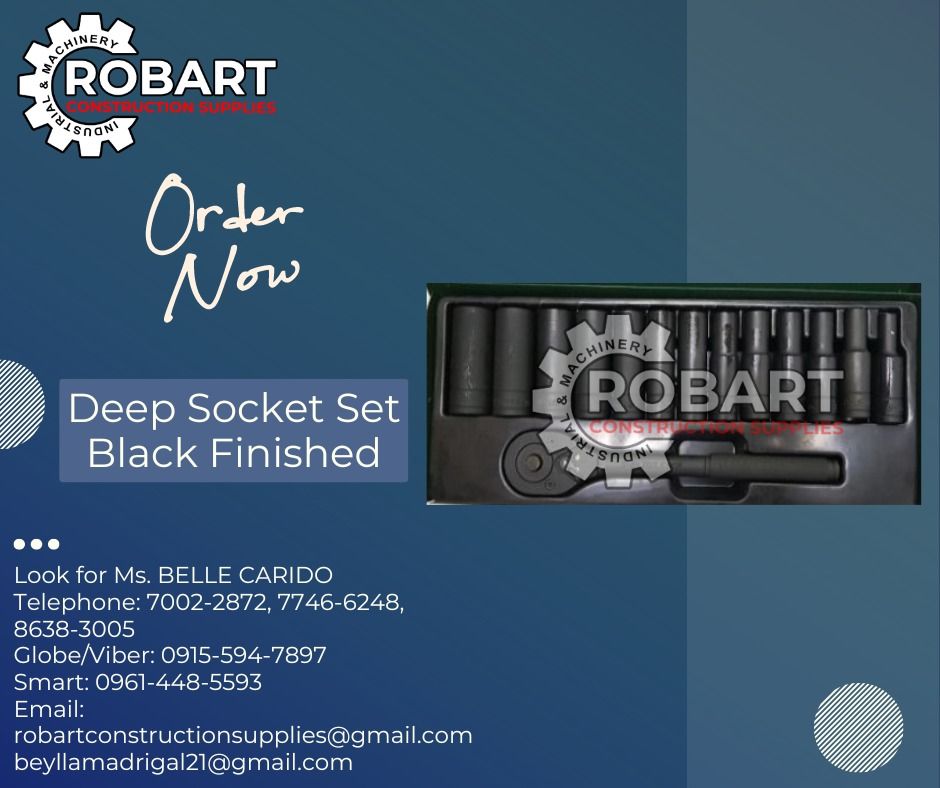 Deep Socket Set Black Finished (Category: Construction Tools & Equipment) located in Manila. Submitted by bellarobart (Listing ID 1303601831, Image 1). Description: 1/2" DRIVE 15PCS DEEP SOCKET SET 10 - 24MM (BLACK FINISHED) 1PC QUICK RELEASE RATCHET HANDLE, 13PCS DEEP SOCKET 8, 10, 11, 12, 13, 14, 15, 16, 17, 19, 21, 22, 24mm 1PC METAL CASE BD15-12 12 POINTS Php3,000 BD15-6 6 POINTS Php3,000 𝑹𝑶𝑩𝑨𝑹𝑻 𝑪𝑶𝑵𝑺𝑻𝑹𝑼𝑪𝑻𝑰𝑶𝑵 𝑺𝑼𝑷𝑷𝑳𝑰𝑬𝑺