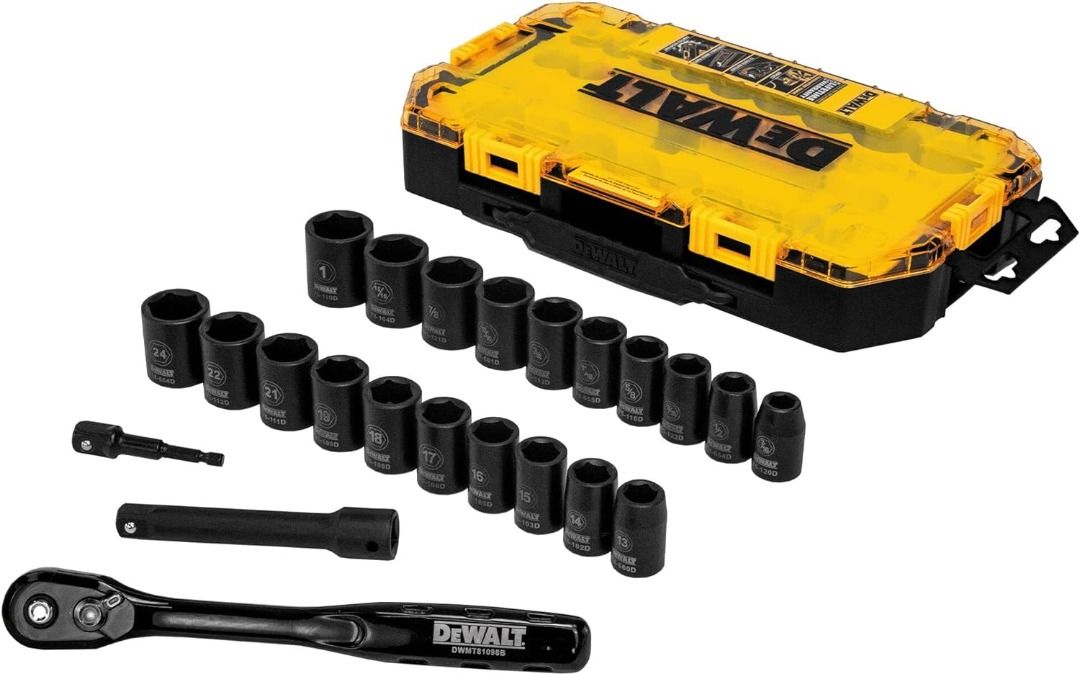 DEWALT Impact Socket Set 23 Piece 1 2 Drive Metric SAE extension adaptor and quick release ratchet Furniture Home Living Home Improvement Organisation Home Improvement Tools Accessories on Carousell