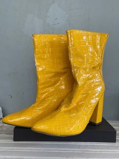 fashion nova yellow faux leather boots
