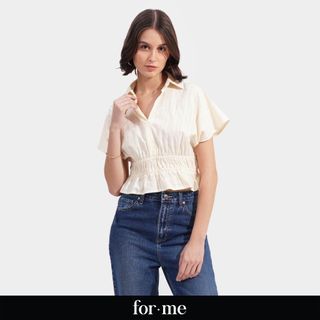 ForMe Off White Textured Layered Shoulder Top
