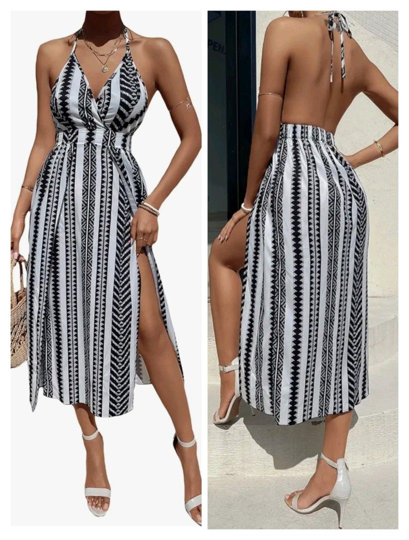 Halter Beach Maxi High Slit both sides (Category: Dresses) located in Makati City. Submitted by availunlesstaggedsold (Listing ID 1302649322, Image 1). Description: halter type beach maxi. Color black and white. Small to med size. Backless. Branded by Shein med on tag, perfect beach summer ootd. rfs decluttering, used once for photo shoot. Fabric: Soft, breathable and skin friendly, fabric has no stretch, but comfortable to wear Features: Sleevel