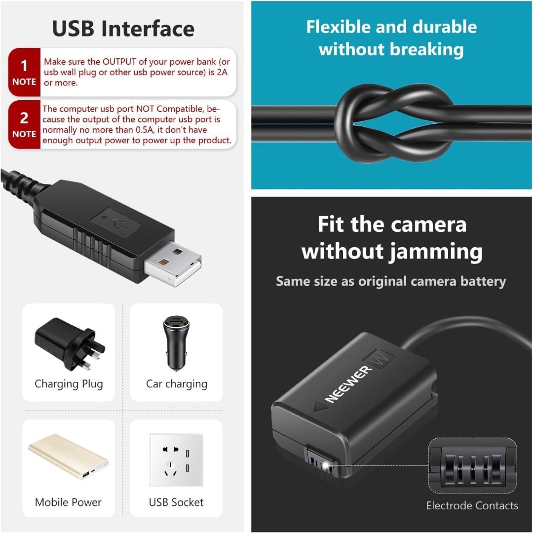 Neewer DC Coupler Replacement for NP-FW50 Dummy Battery Power Adapter with USB Cable Compatible with A7 A7R A7S A7II A7RII A7SII A6500 A6400 A6300 A6100 A6000 NEX5 NEX7 DSC-RX10 II III IV62863835491457113