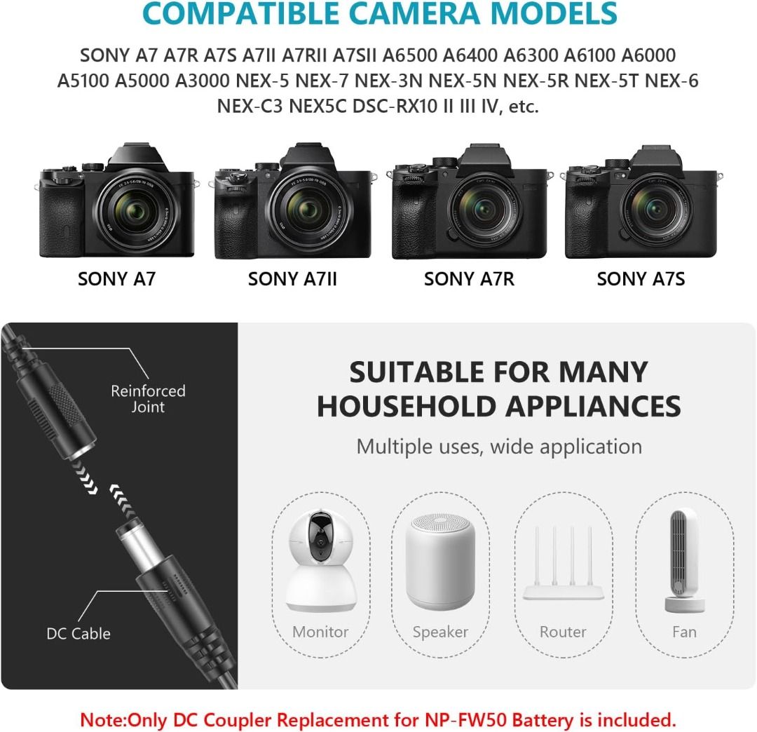 Neewer DC Coupler Replacement for NP-FW50 Dummy Battery Power Adapter with USB Cable Compatible with A7 A7R A7S A7II A7RII A7SII A6500 A6400 A6300 A6100 A6000 NEX5 NEX7 DSC-RX10 II III IV62863835491457112