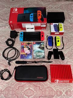 Nintendo Switch V2 with Neon Blue & Neon Red Joy-Cons with games and new joycons