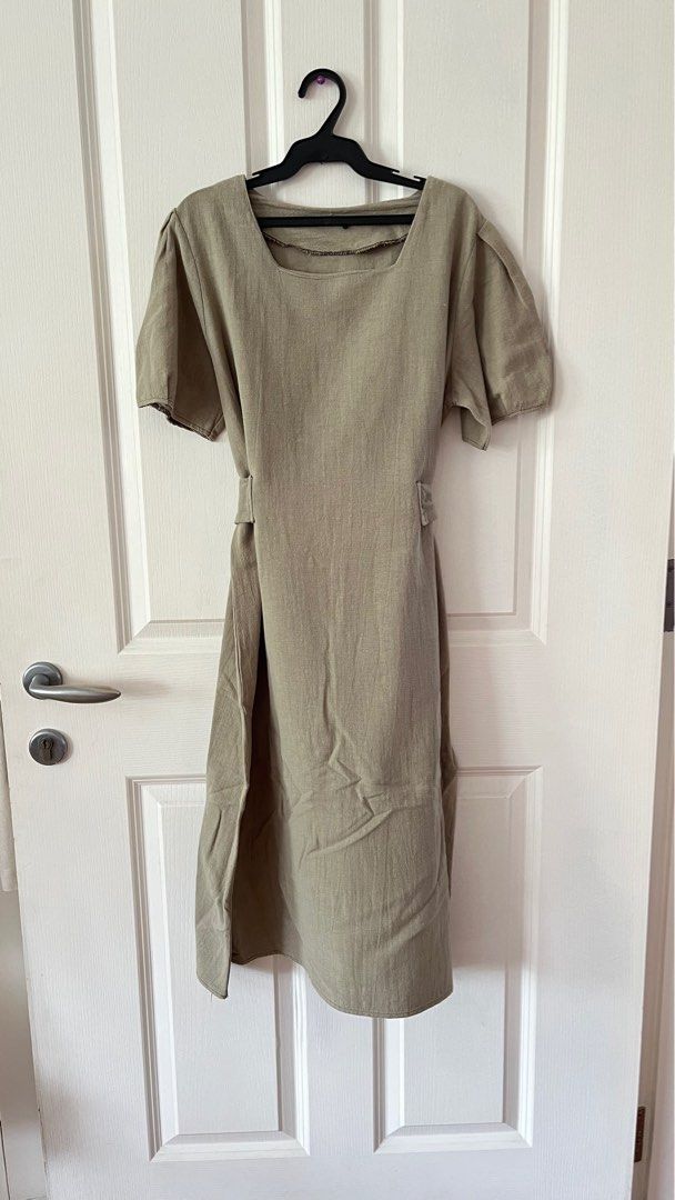 Olive Green Linen Midi Dress (Category: Dresses) located in Pasig City. Submitted by declutter.jr (Listing ID 1303614754, Image 2). Description: Bought from bangkok Linen blend material, perfect for summer!.