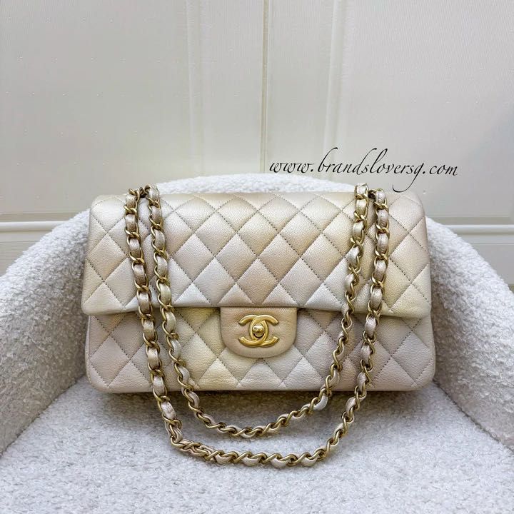 Original Receipt Chanel Medium Classic Flap CF in Ombre Iridescent Beige and Gold Grained Goatskin and Matte LGHW