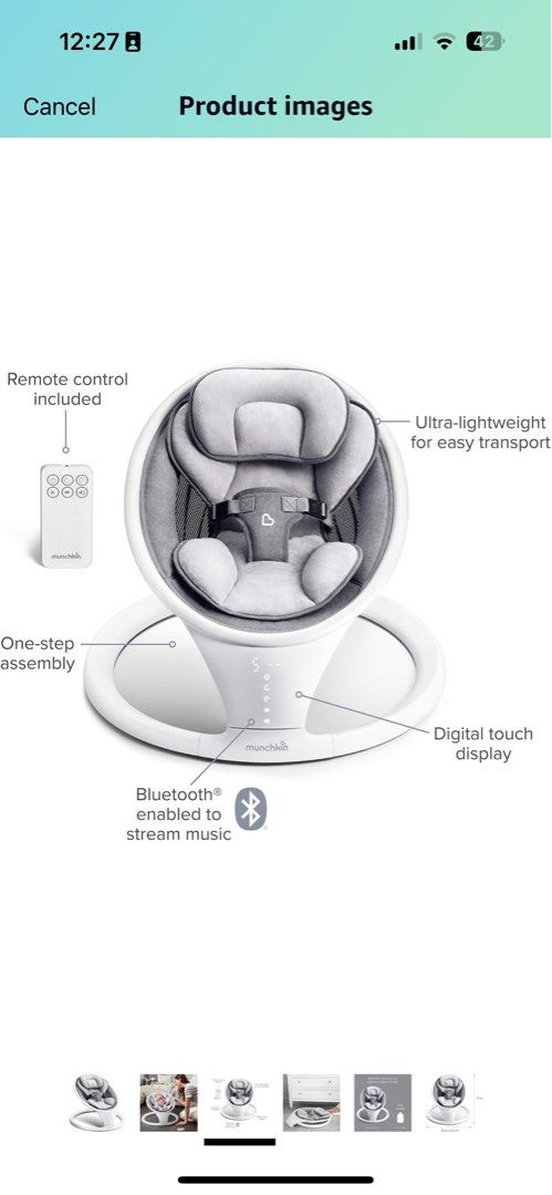 Portable and Space Saver Munchkin Bluetooth Enabled Swing (Category: Infant Playtime) located in Quezon City. Submitted by mommy_love_2 (Listing ID 1303649951, Image 3). Description: Munchkin® Bluetooth Enabled Lightweight Baby Swing with Natural Sway in 5 Ranges of Motion, Includes Remote Control, White Brand: Munchkin Item Weight: 9.3 Pounds Age Range (Description): Baby Maximum Weight Recommendation: 9.3lbs Portable: Yes Features & details * S