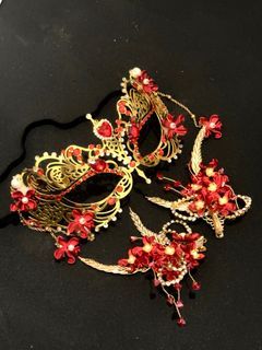 Red Gold Customized Mask Masquerade + Red flower Hair Clip