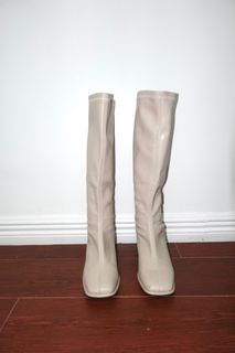 square toe chunky taupe heeled boots