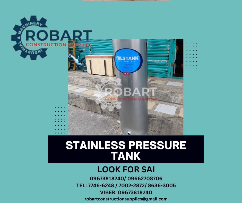 Stainless Pressure Tank (Category: Construction Tools & Equipment) located in Manila. Submitted by robartehm (Listing ID 1303613407, Image 1). Description: Stainless Pressure Tank Machine Weld Model: SP-42 ROBART CONSTRUCTION SUPPLIES For inquiries: For FAST TRANSACTION: Sai Robart - 09673818240 / 09662708706 Vbr: Robart Sai - 09673818240 sairobart3@gmail. com Office Address: 1405 Yuseco St. Sta. Cruz Manila 7746-6248, 7216-7605 ,7002-2872, 8-636