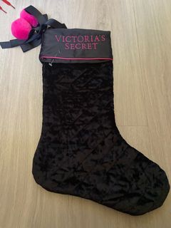 Victoria's Secret Christmas Stocking Black Velvet Pink Pom Holiday