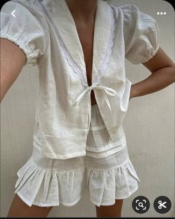 White linen front tie top and ruffles skirt